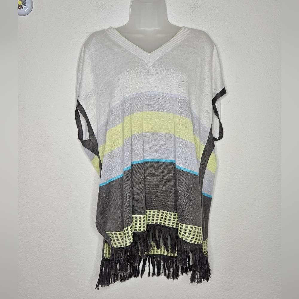 Lisa Todd The Islander Linen Stripe Grid Print Fringe V-Neck Cap Sleeve Pullover